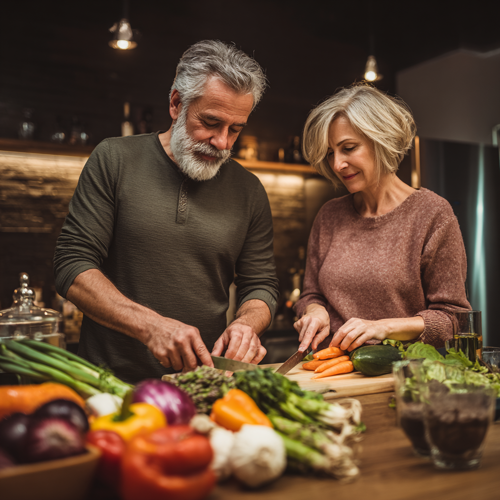 Mature couple in their forties preparing healthy meals together in modern kitchen with fresh ingredients